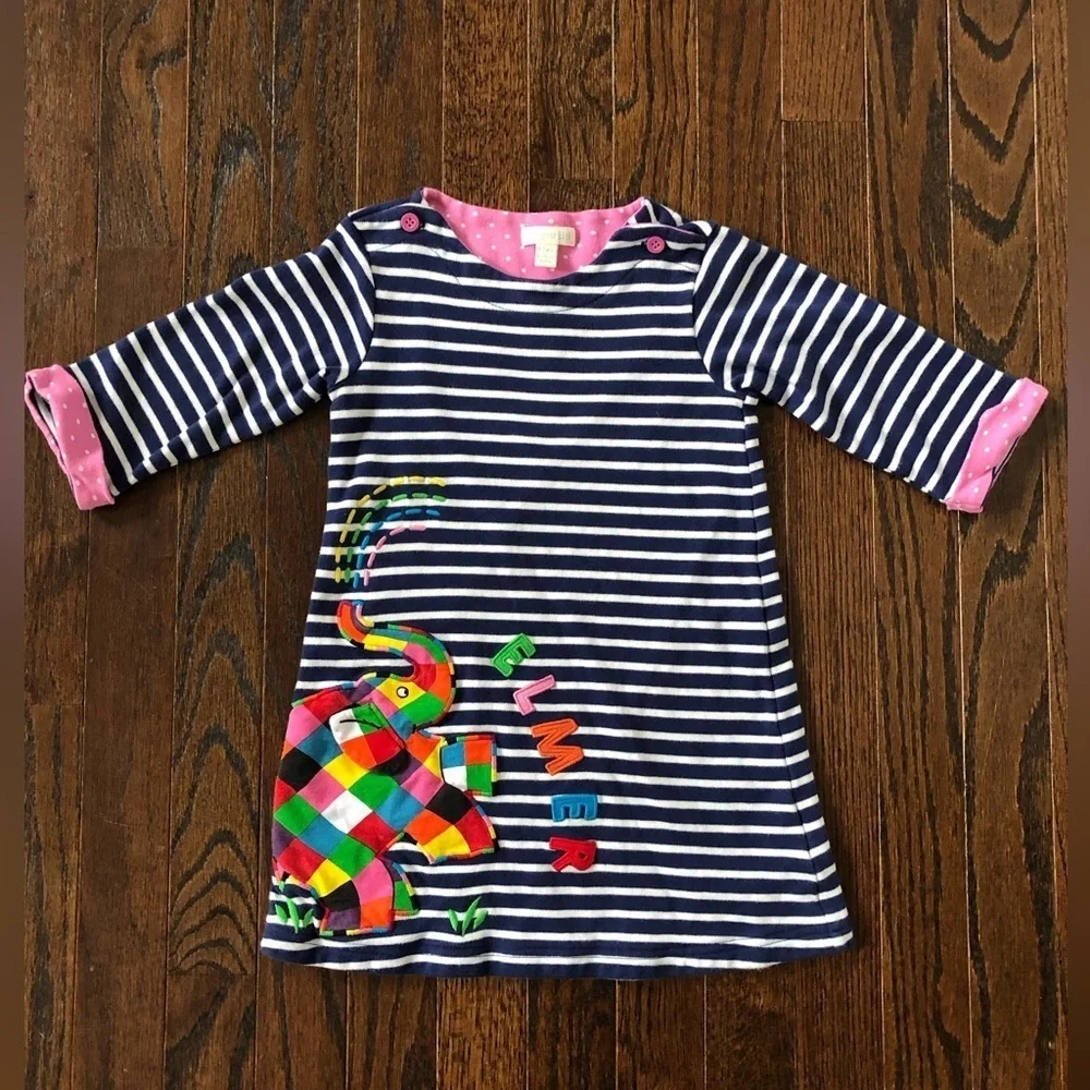 JoJo Maman Bébé Girls 3-4 Navy Blue Striped Elmer Elephant Appliqué A-Line Dress